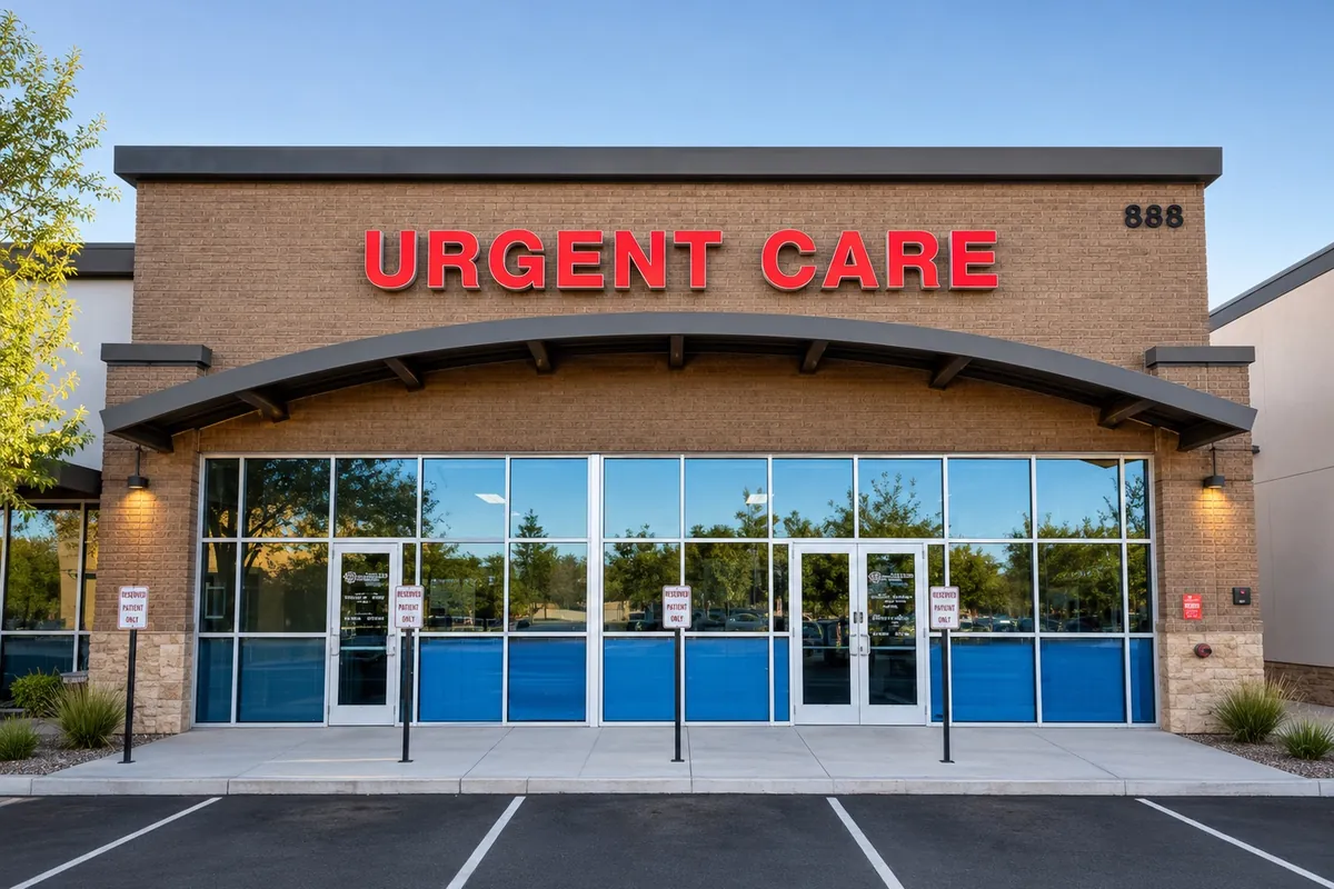 The Health First Urgent Care storefront seen from the patient parking lot, with the 888 street number beside the red URGENT CARE sign