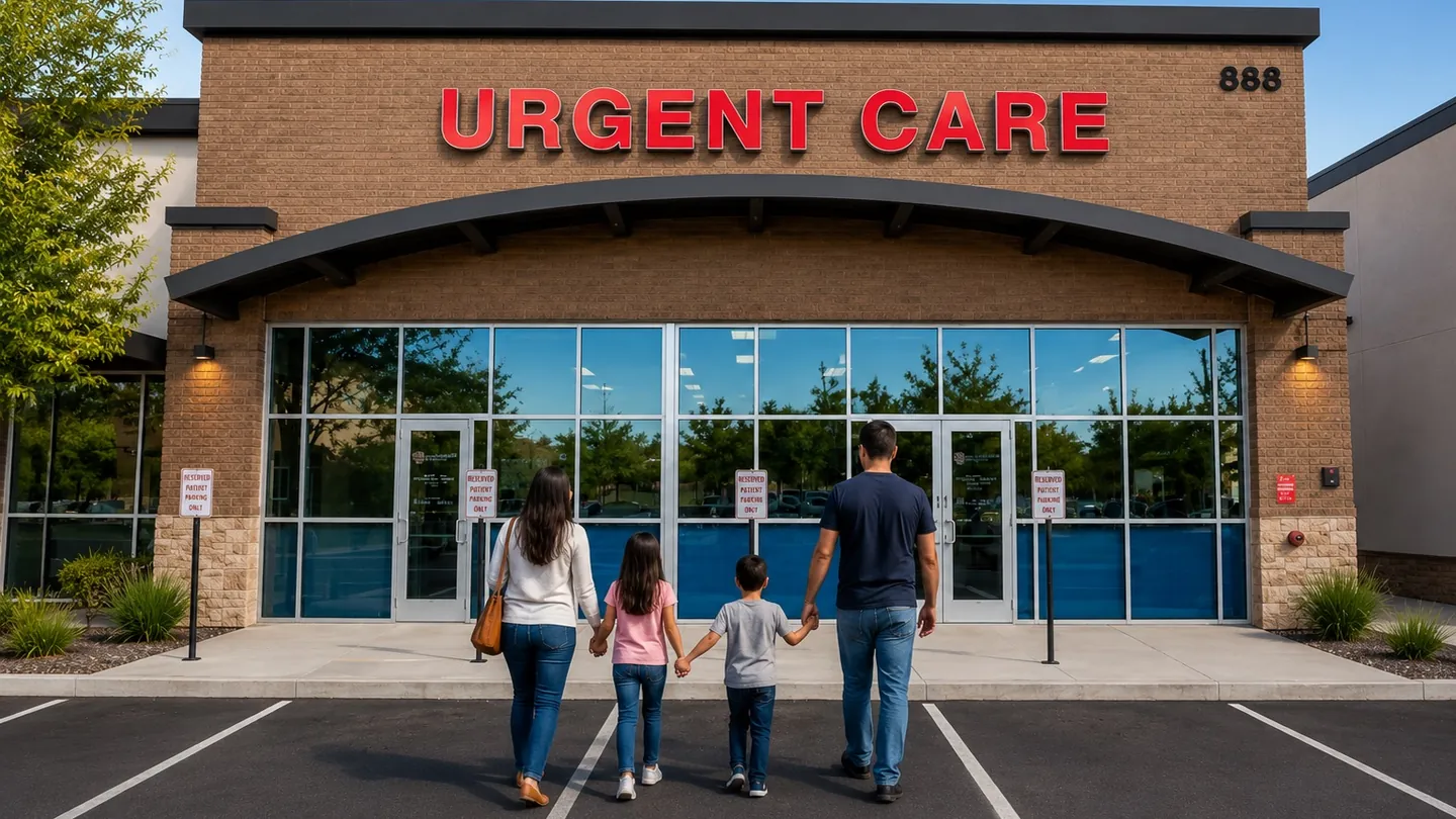 A family of four walking from the parking lot toward the Health First Urgent Care entrance