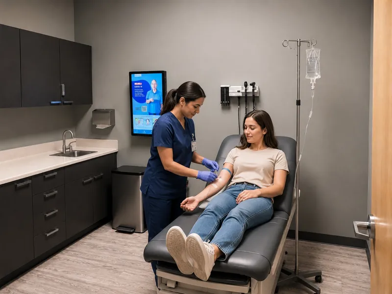 A nurse starting an IV for a patient reclined on an exam table, with the IV bag hanging beside them
