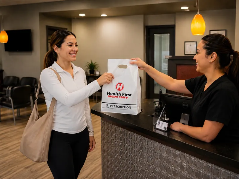 A branded Health First prescription bag being handed across the reception counter to a patient