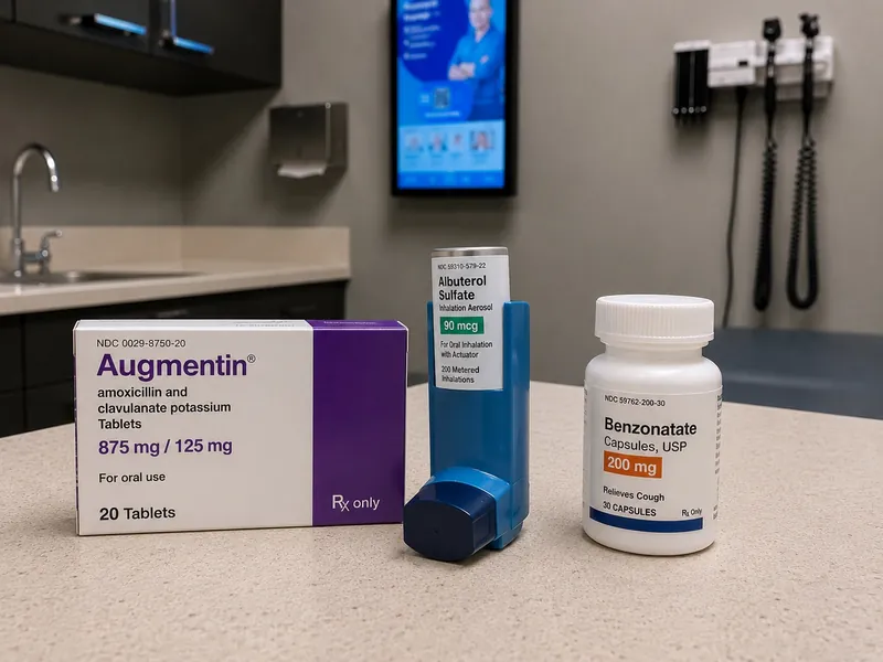 Common medications stocked on site, including an antibiotic, an inhaler, and a cough capsule bottle